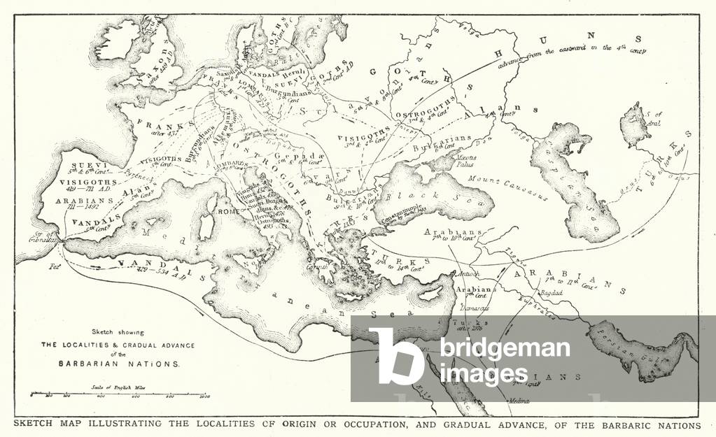 Sketch map illustrating the localities of origin or occupation, and gradual advance, of the Barbaric nations (litho)