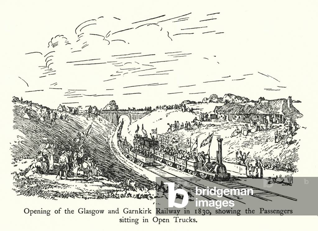 Opening of the Glasgow and Garnkirk Railway in 1830, showing the Passengers sitting in Open Trucks (litho)