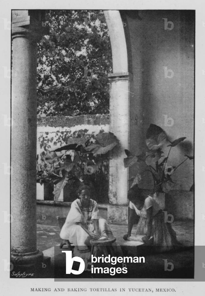 Making and baking tortillas in Yucetan, Mexico (litho)