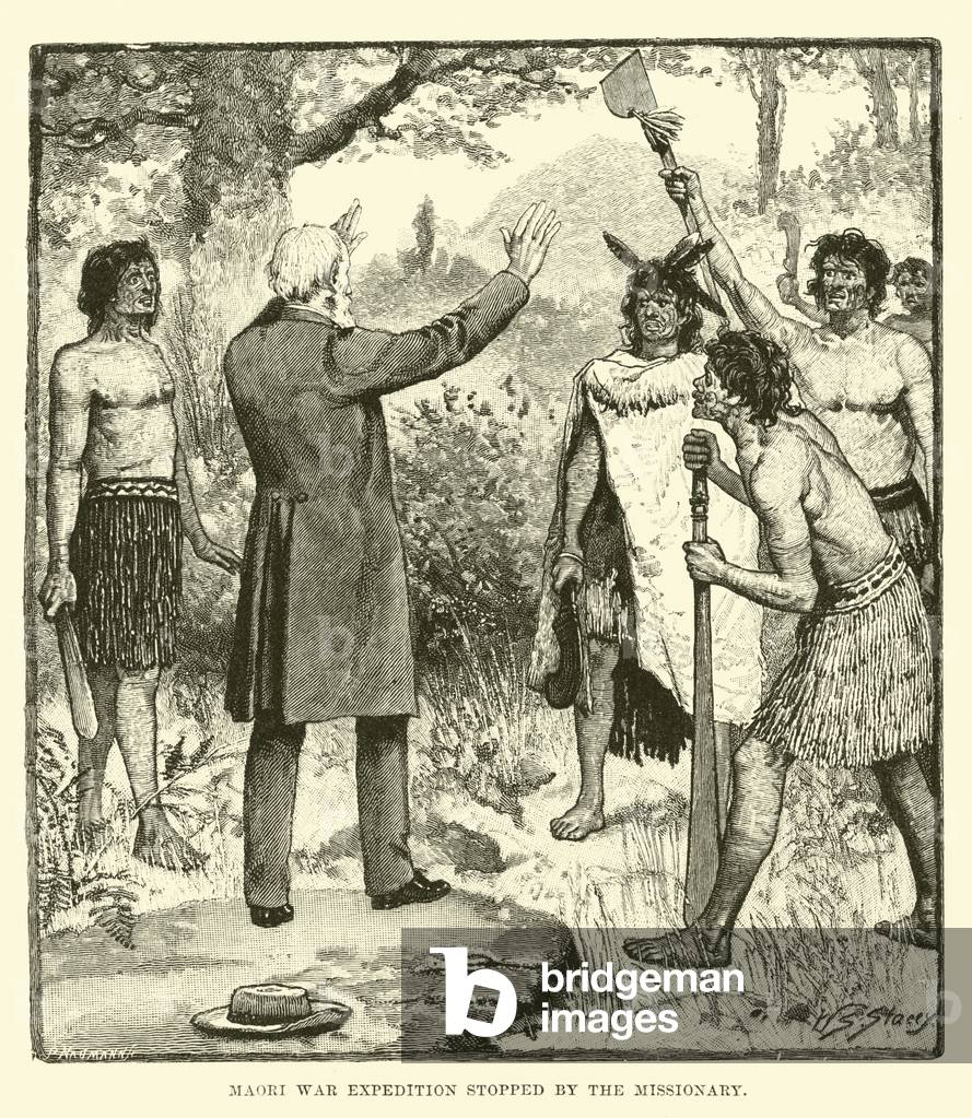 Maori War Expedition stopped by the missionary (engraving)