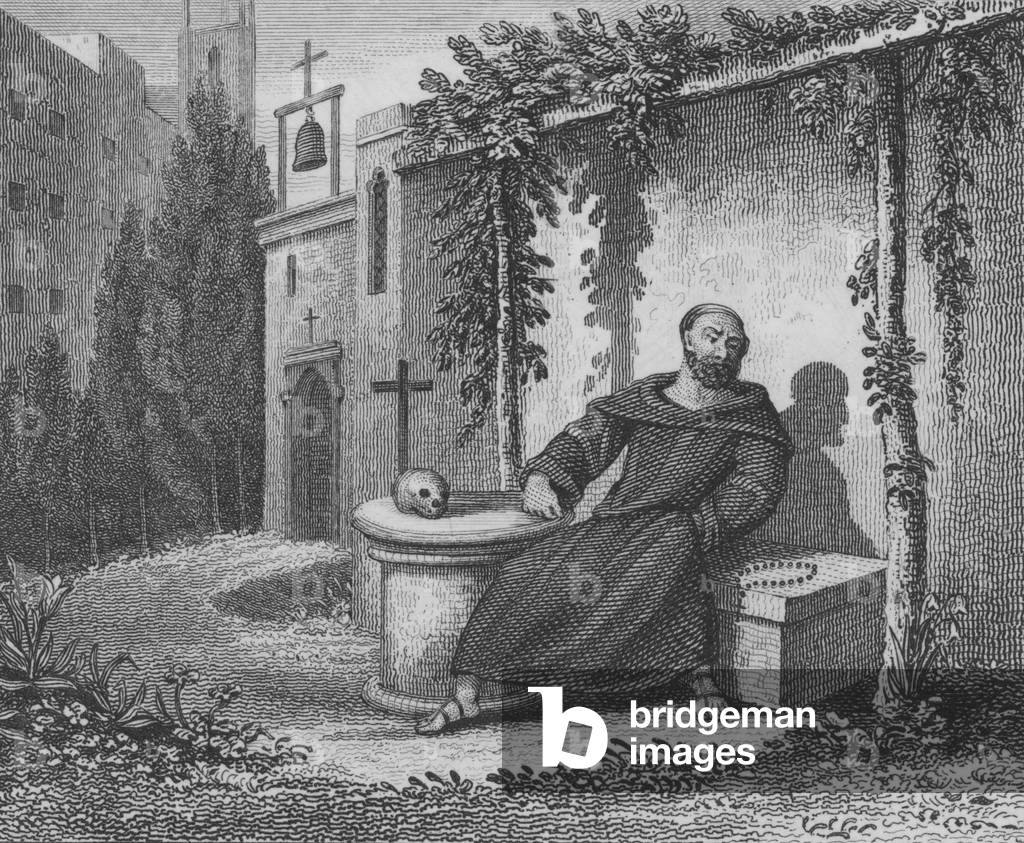 Desiderius, last Lombard King of Italy, living out his last days in France after being obliged to become a monk, late 8th Century (engraving)