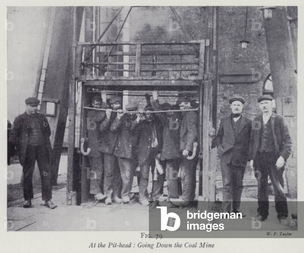 At the Pit-head, Going Down the Coal Mine (b/w photo)