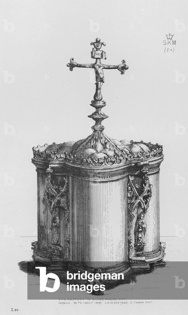 Victoria And Albert Museum: Chrismatory in silver parcel-gilt, German, date about 1490 (engraving)