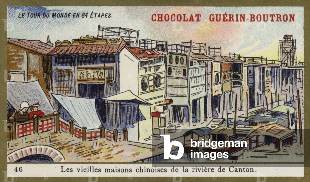 Old Chinese houses by the river in Canton (chromolitho)