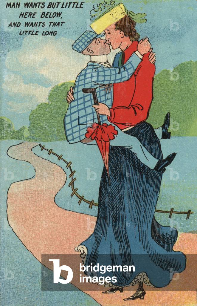 Short man kissing a tall woman (colour litho)
