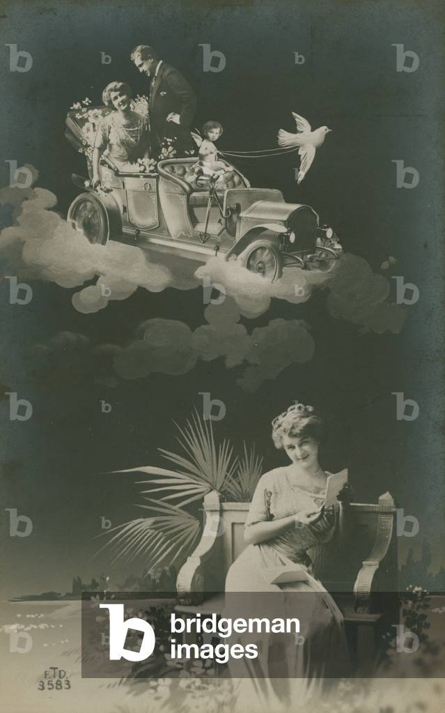 Postcard of a young woman reading a letter and daydreaming about marriage, sent in 1913 (b/w photo) 