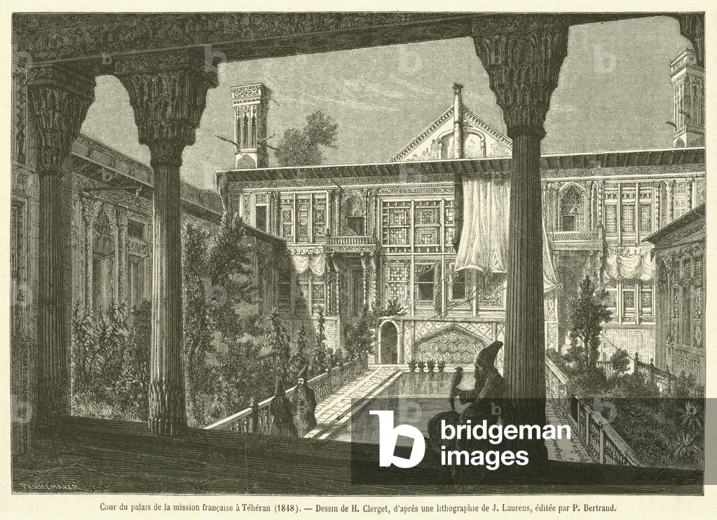 Cour du palais de la mission francaise a Teheran, 1848 (engraving)