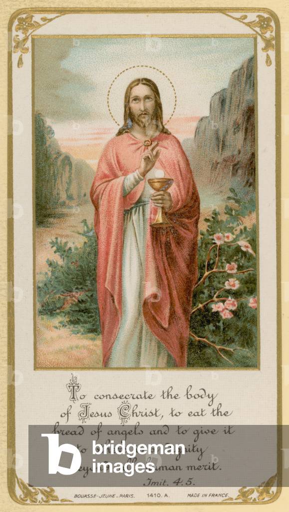 To consecrate the body of Jesus Christ, to eat the bread of angels and to give it to others, is a dignity beyond all human merit (chromolitho)