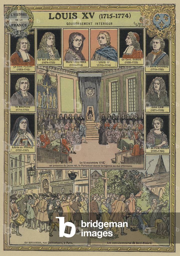 Government and home affairs during the reign of Louis XV, c.1935 (colour litho)