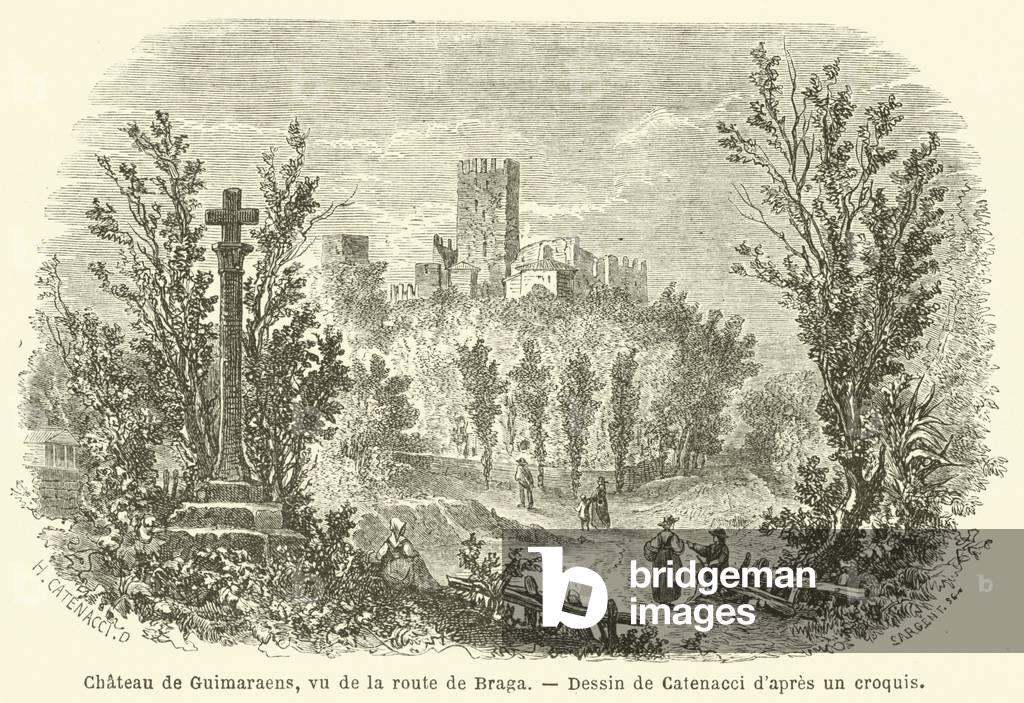 Chateau de Guimaraens, vu de la route de Braga (engraving)