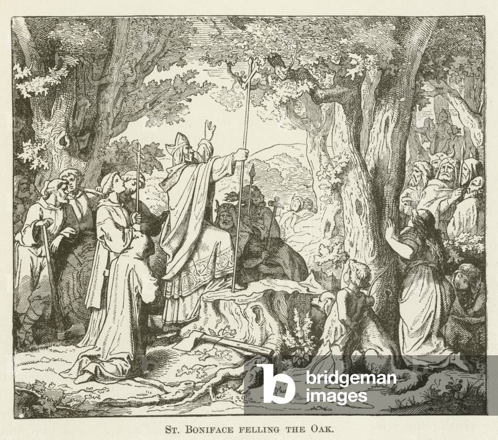 St Boniface felling the Oak (engraving)
