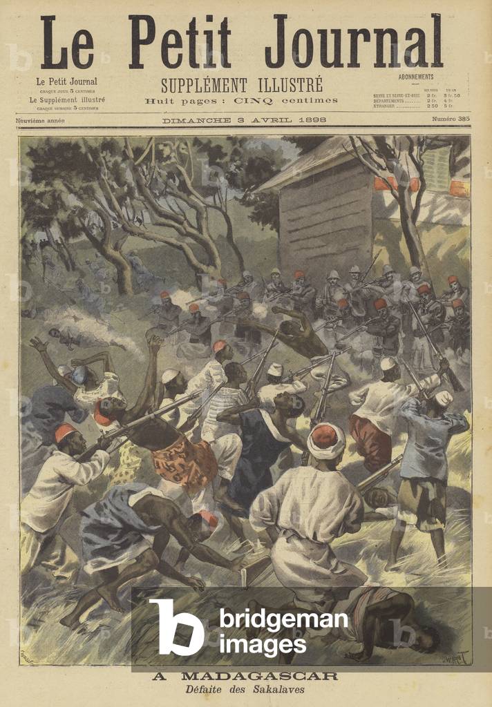 French troops fighting off an attack by Sakalava raiders in Madagascar (colour litho)