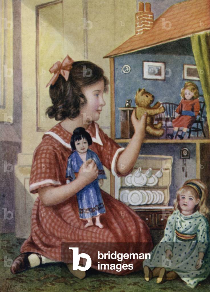 Girl playing with her doll's house (colour litho)