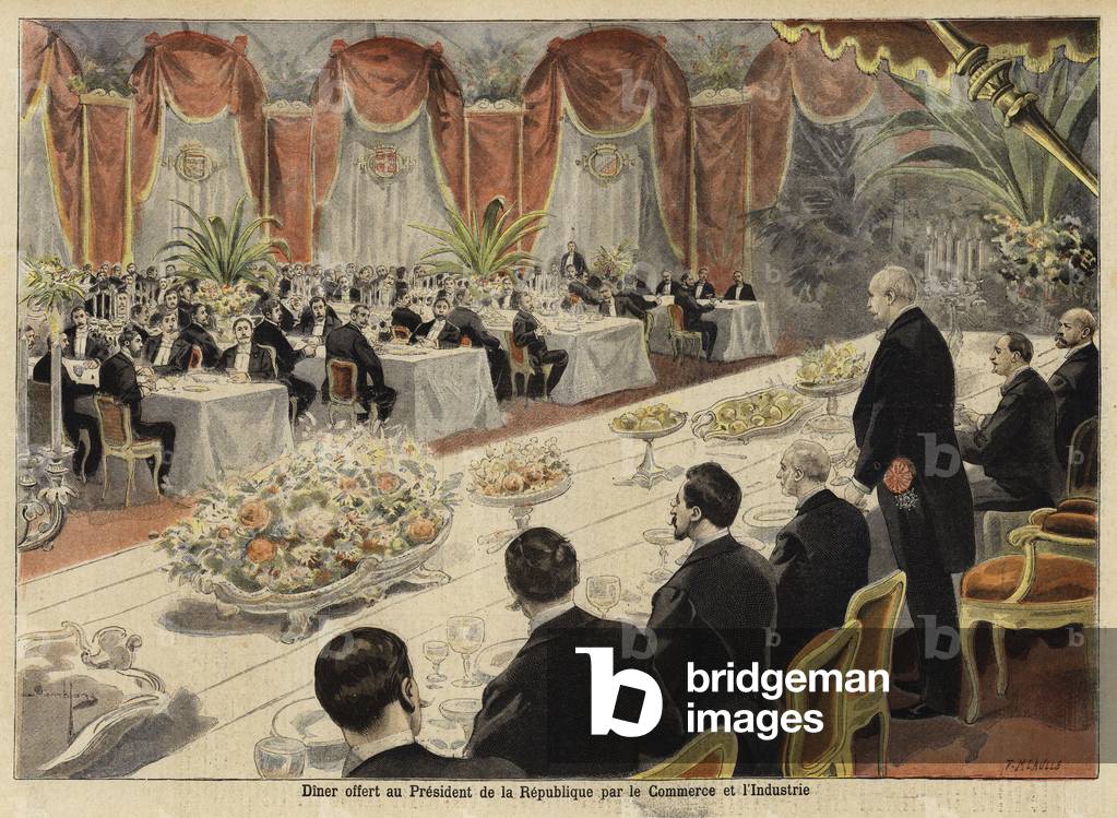Dinner for leaders of French commerce and industry at the Paris Bourse, 1897 (colour litho)
