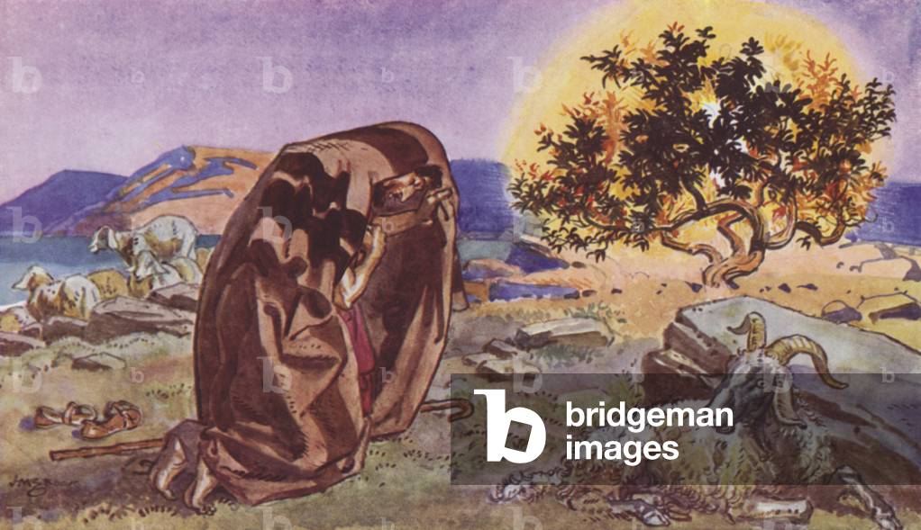 Moses and the Burning Bush (colour litho)