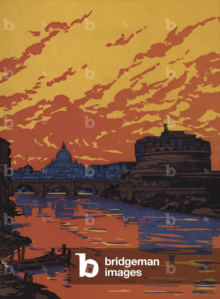 Castel Sant'Angelo and the river Tiber, Rome (colour litho)