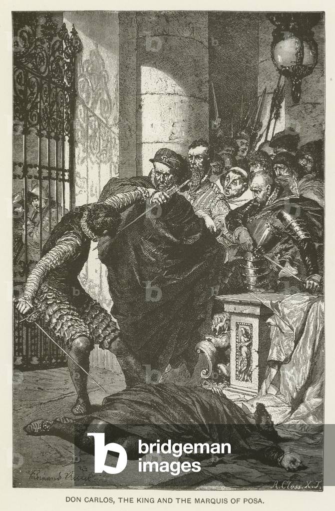 Don Carlos, the King and the Marquis of Posa (engraving)