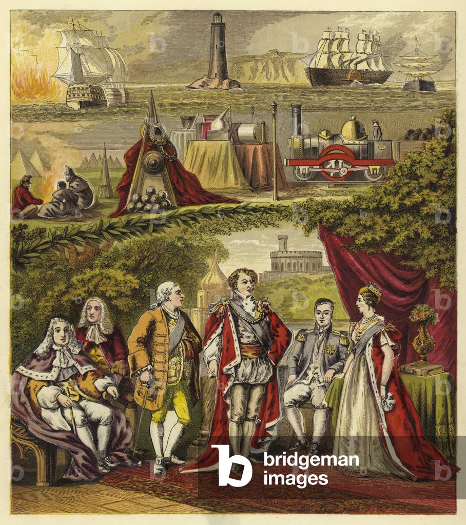 Sovereigns of the House of Hanover; King George I, King George II, King George III, King George IV, King William IV, Queen Victoria (chromolitho)