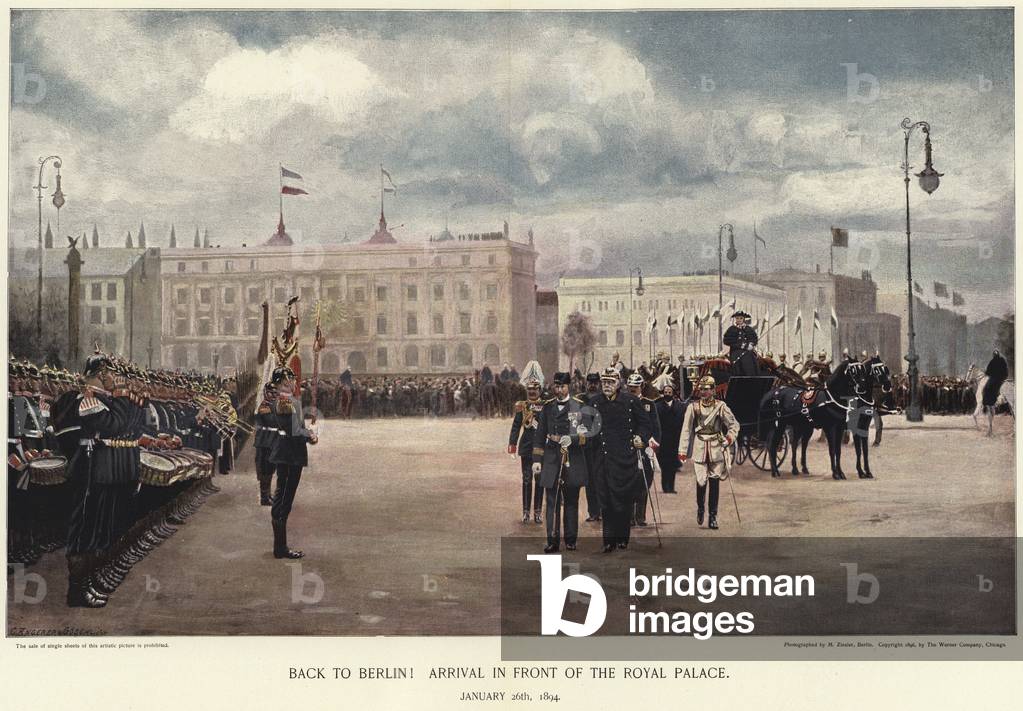 Arrival in front of the Royal Palace (colour litho)