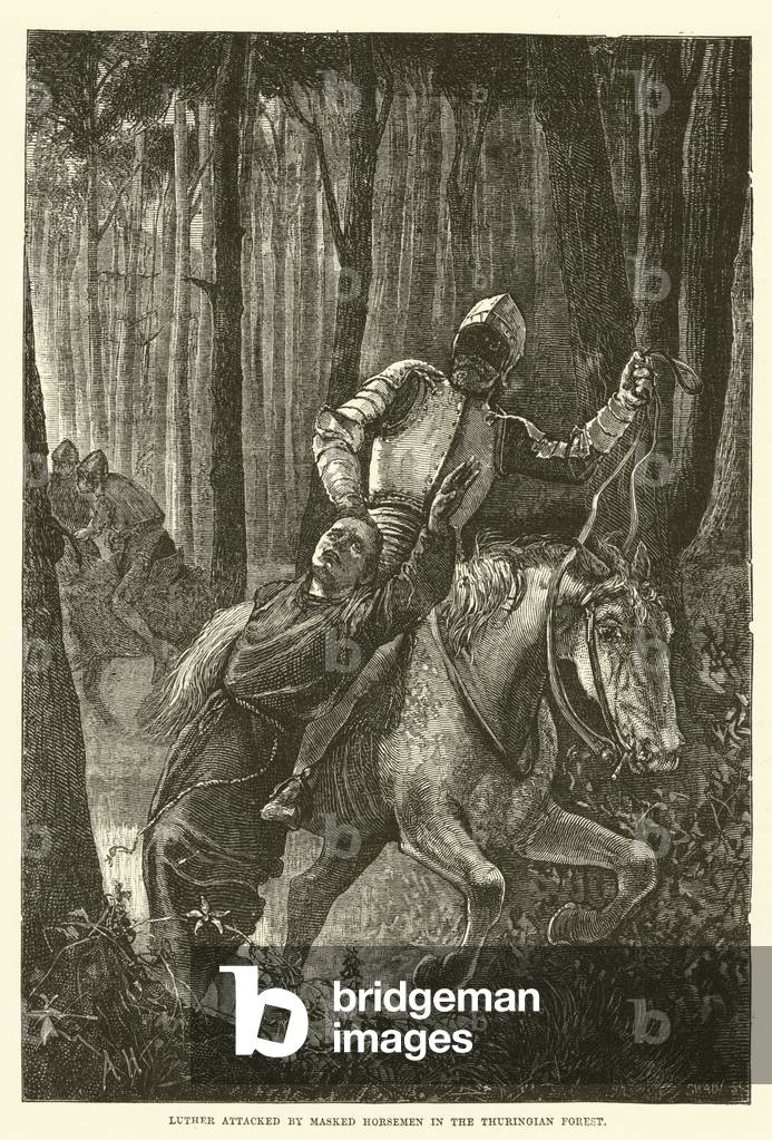 Luther attacked by Masked Horsemen in the Thuringian Forest (engraving)