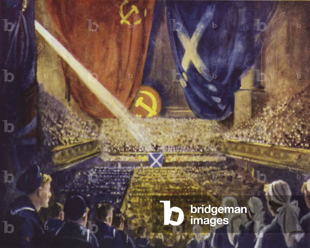 Ceremony commemorating the 25th anniversary of the founding of the Soviet Red Army, St Andrew's Hall, Glasgow, Scotland, World War II, February 1943 (colour litho)