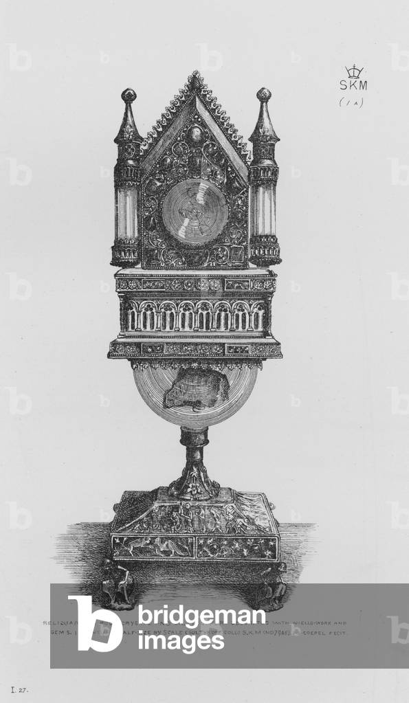 Victoria And Albert Museum: Reliquary in rock crystal and gilt-copper, decorated with Niello work and gems, 14 century (engraving)