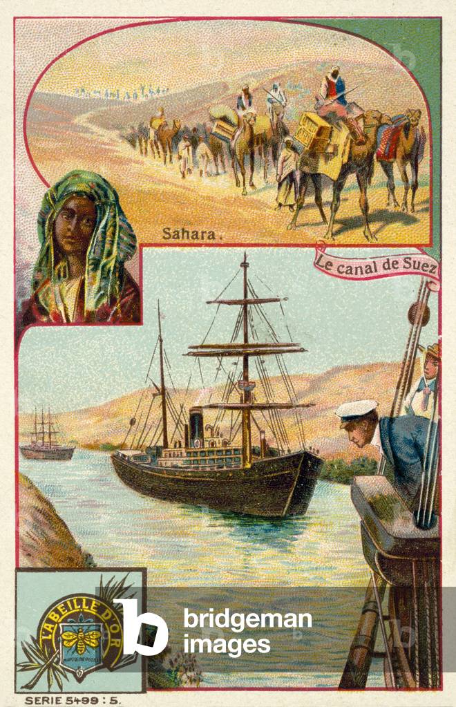 Suez Canal and Sahara Desert, Egypt (chromolitho)