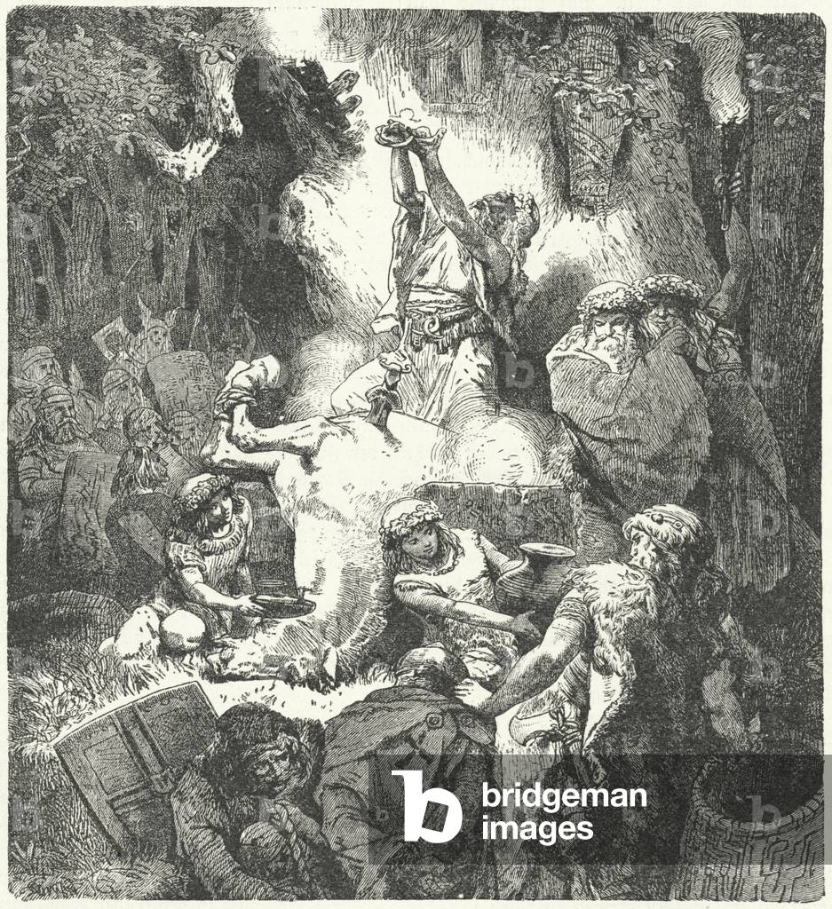 Pagan Lithuanians making offerings in a sacred grove (engraving)