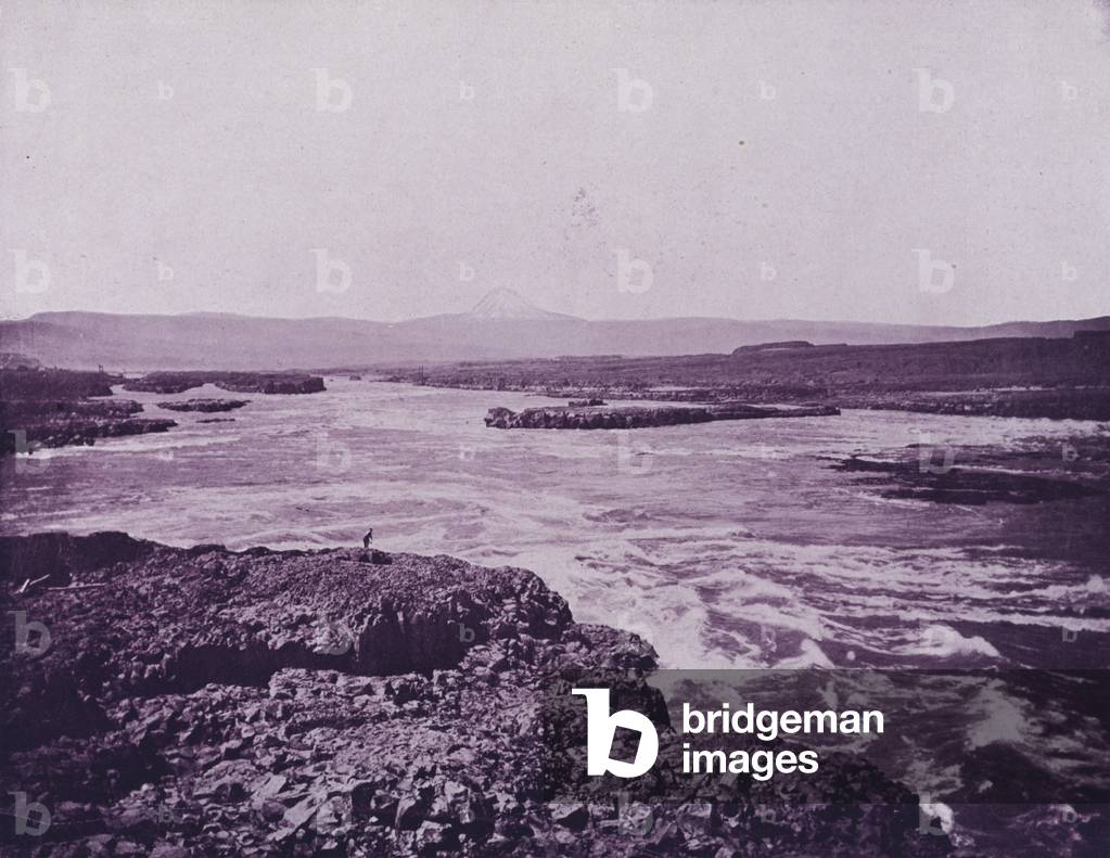 Dalles of the Columbia, and Mount Hood in the distance (b/w photo)