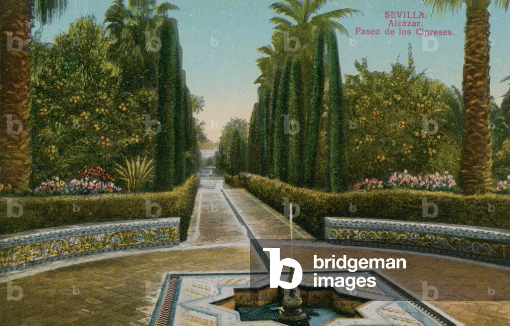 Cypress Walk, Alcazar, in Seville, Spain.  Postcard sent in 1913.