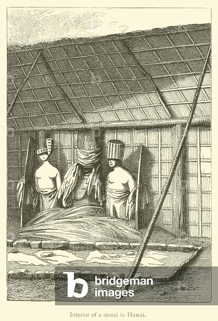 Interior of a morai in Hawai (engraving)