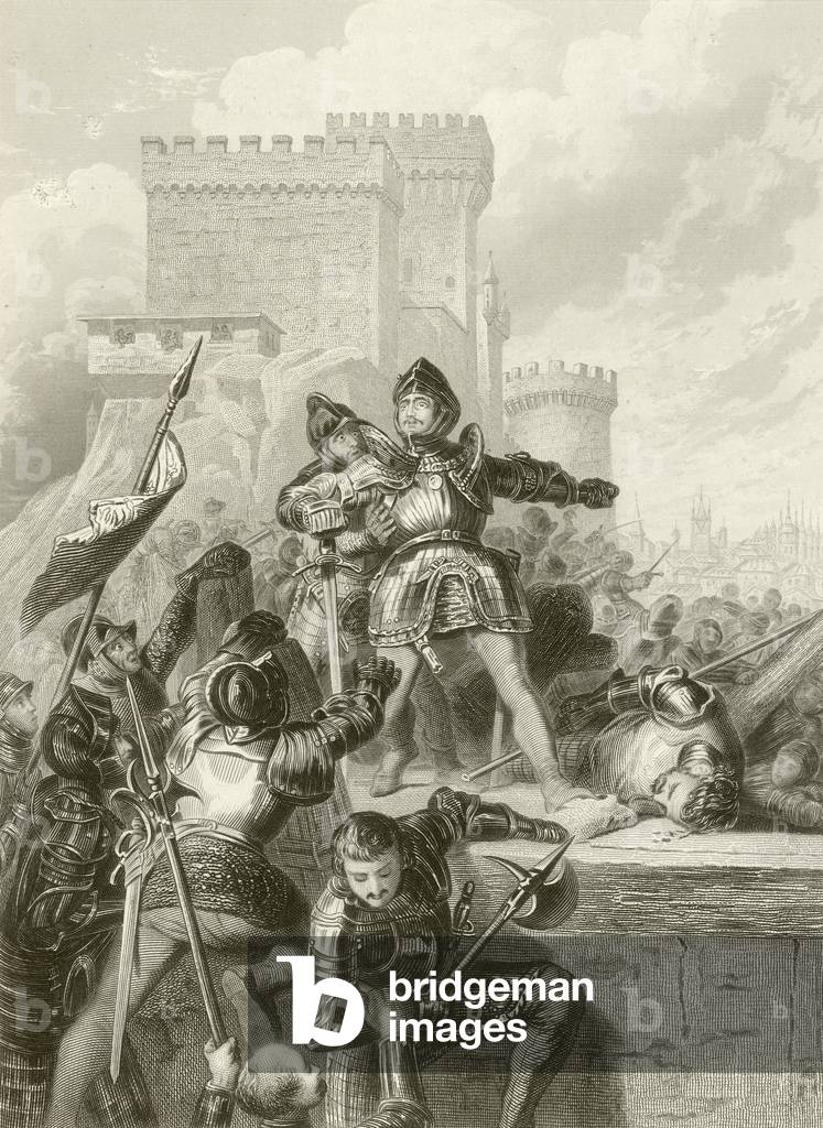 The Chevalier Bayard wounded at the siege of Brescia, 1512 (engraving)