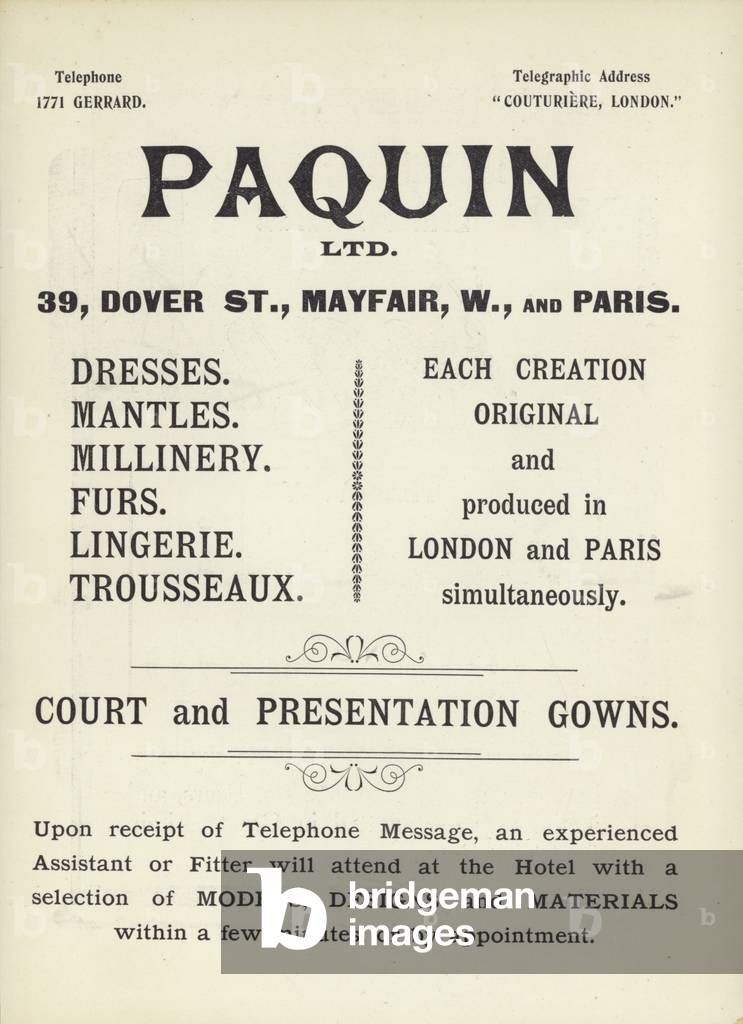 Advertisement for Paquin, dress-makers (litho)