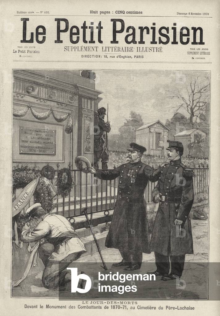 French soldiers remembering the dead of the Franco-Prussian war at the war memorial in the Pere-Lachaise cemetery, Paris (engraving)