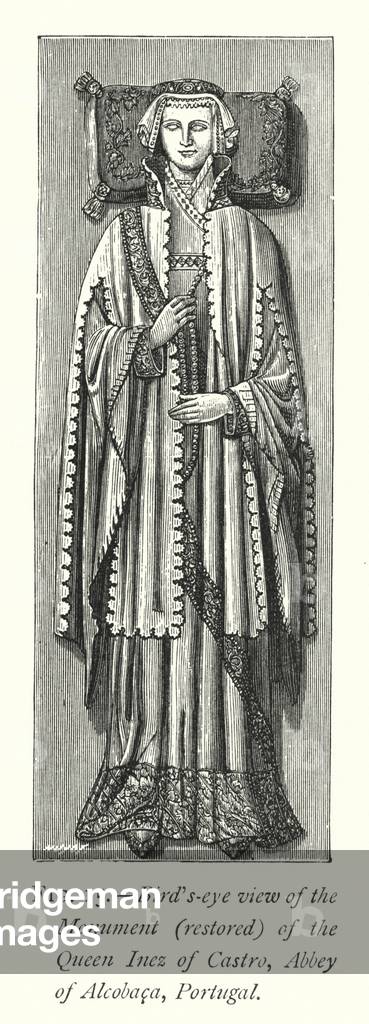 Bird's-eye view of the Monument (restored) of the Queen Inez of Castro, Abbey of Alcobaca, Portugal (engraving)