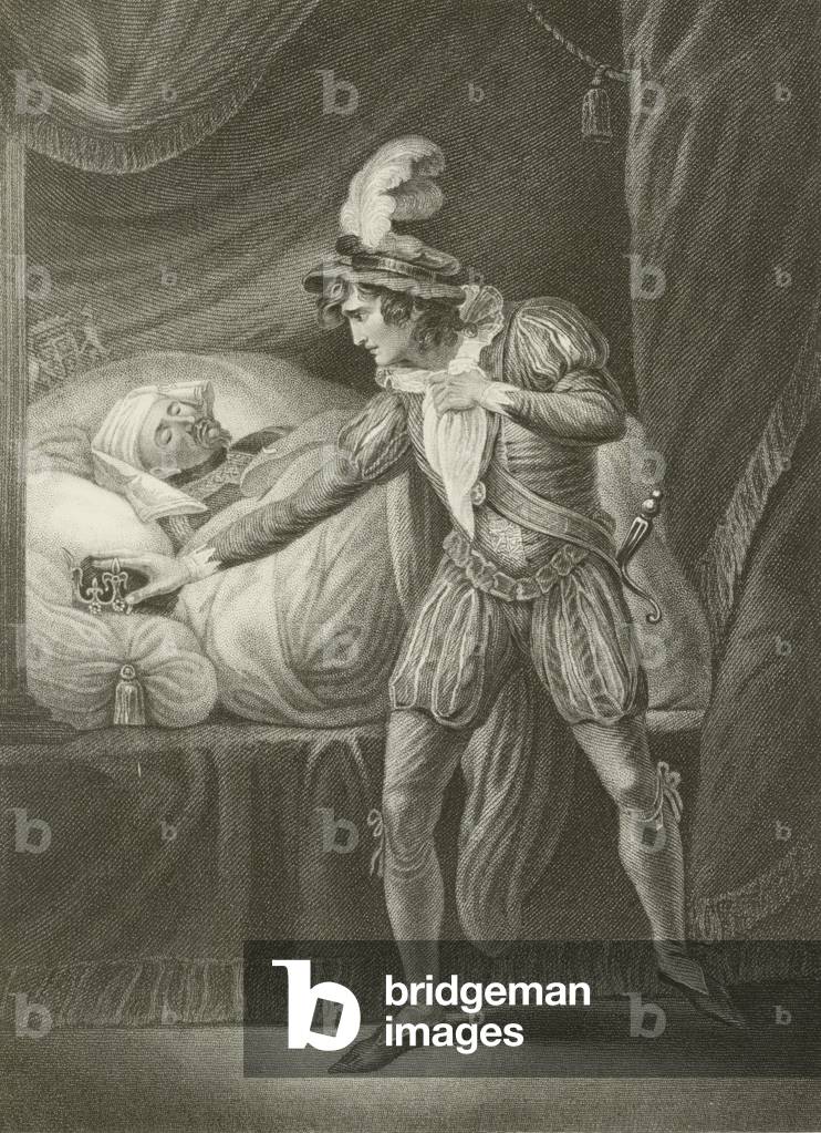 King Henry IV, and the Young Prince Hal, about to take his crown (engraving)