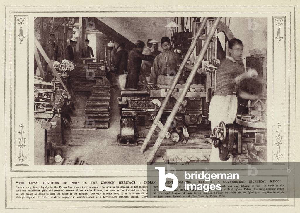 The loyal devotion of India to the common heritage, Indian students making shells at a government technical school (b/w photo)