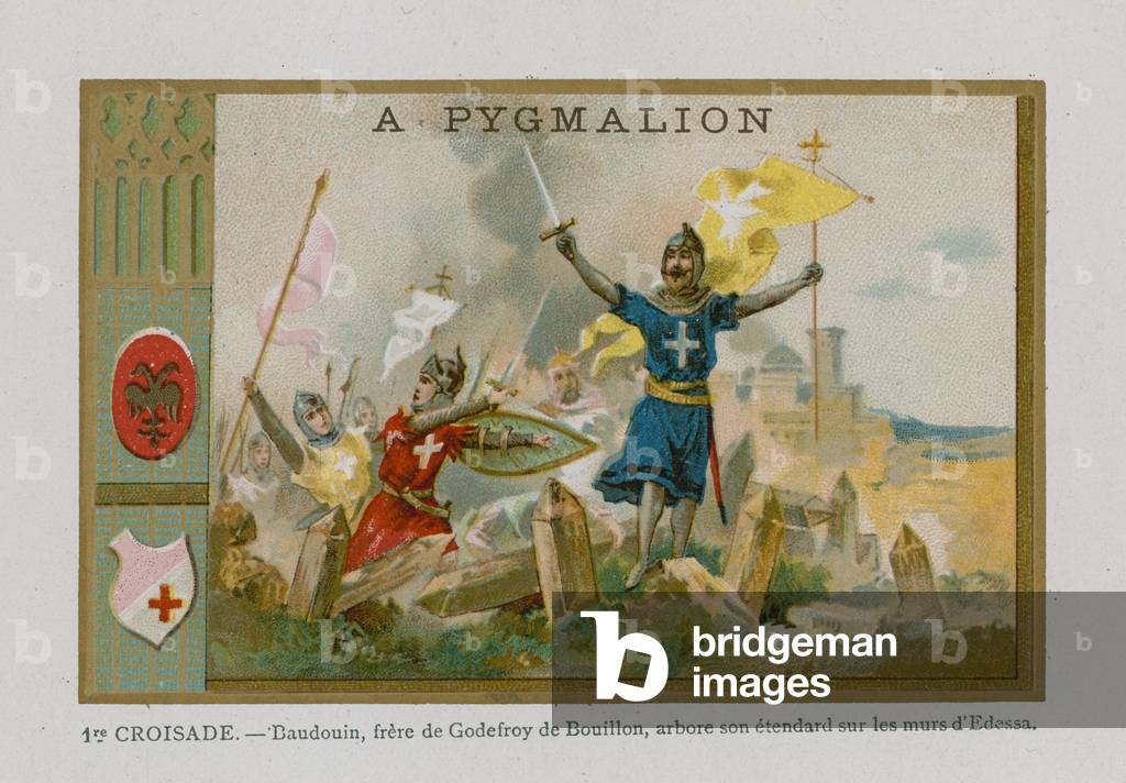 Trade card with an image of the First Crusade (chromolitho)