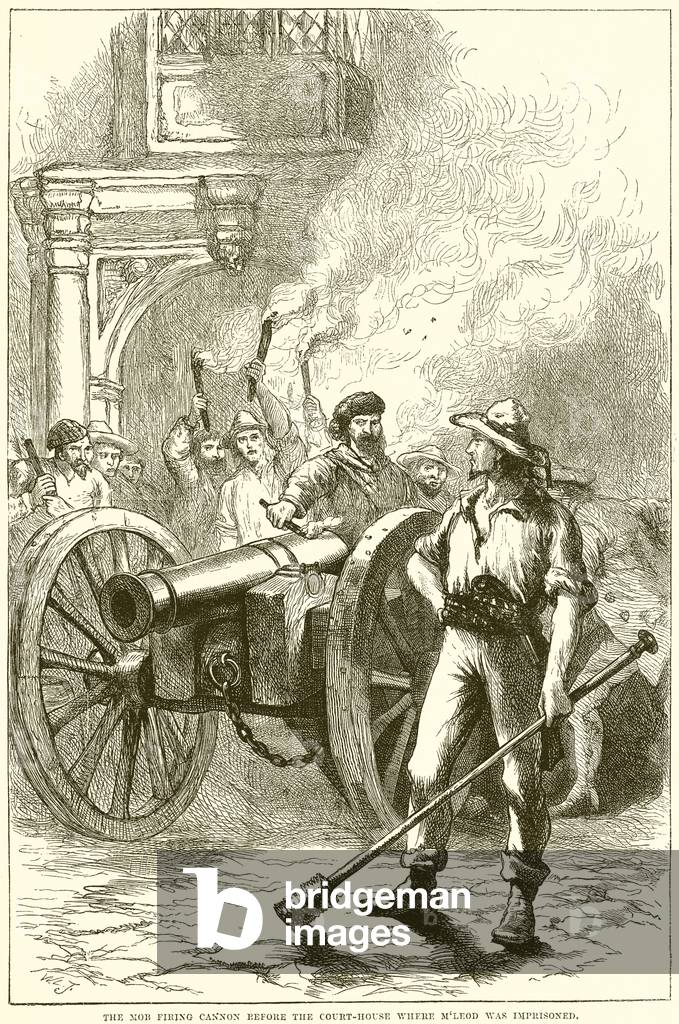The mob firing Cannon before the Court-House where McLeod was imprisoned (engraving)