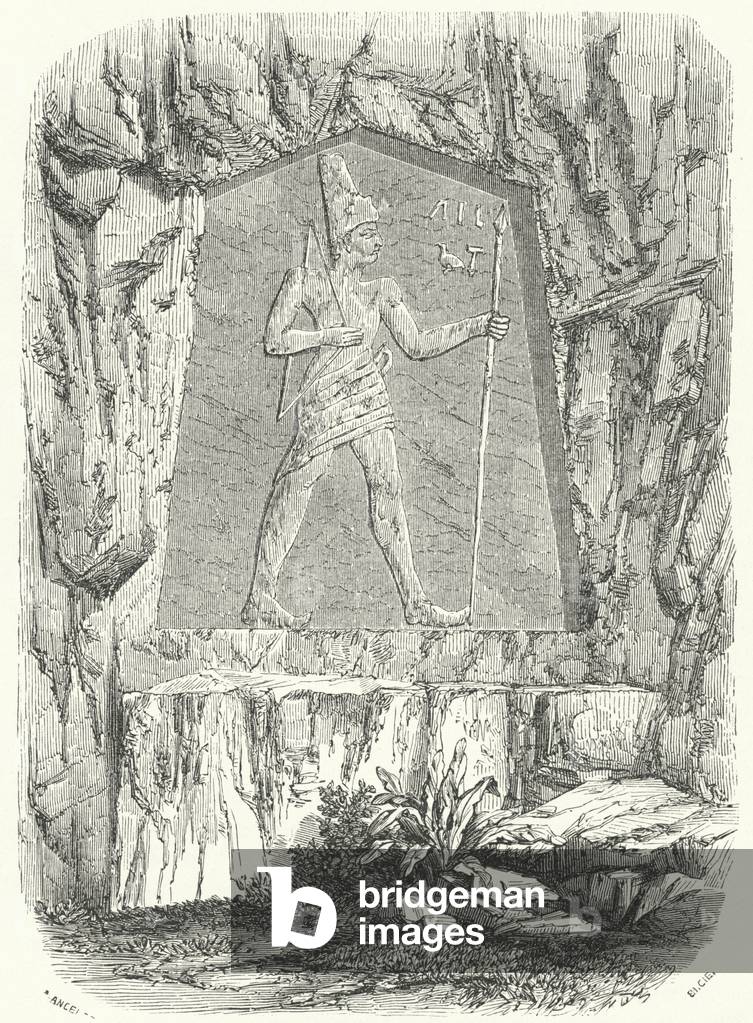 Ancient Egyptian relief thought to depict the Pharaoh Sesostris or Ramesses II (engraving)