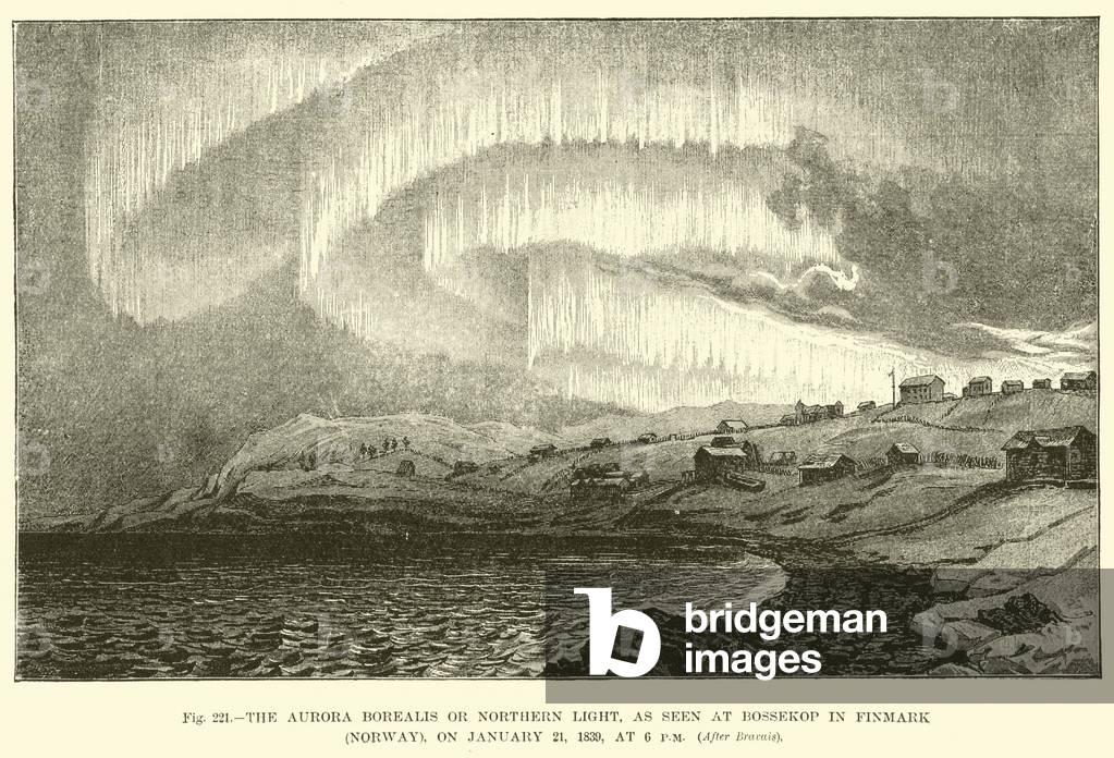 The Aurora Borealis or Northern Light, as seen at Bossekop in Finmark (Norway), on 21 January 1839, at 6 pm (engraving)