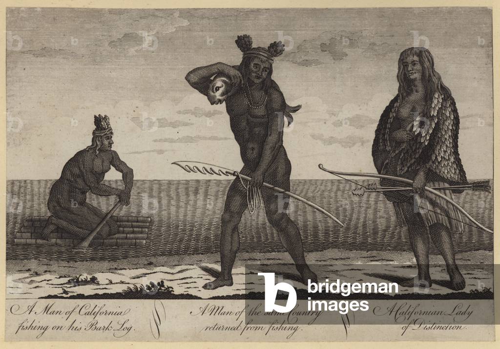 A Man of California fishing on his Bark Log, A Man of the same Country returned from fishing, A Californian Lady of Distinction (engraving)