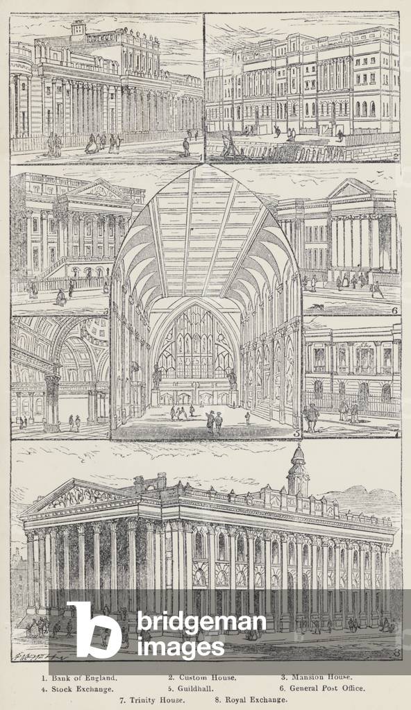 Bank of England, Custom House, Mansion House, Stock Exchange, Guildhall, General Post Office, Trinity House, Royal Exchange (engraving)