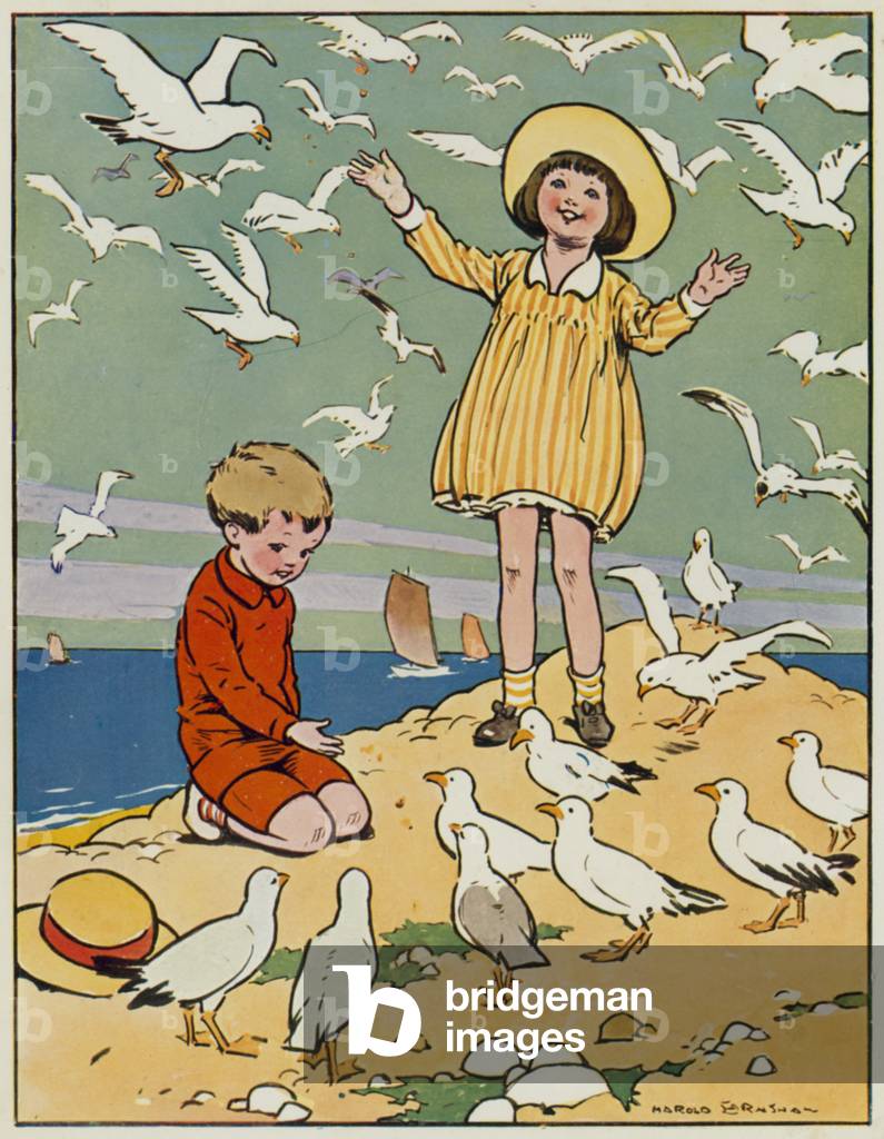 Early 20th century childhood: Feeding the Gulls (colour litho)