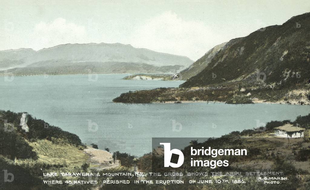 Lake Tarawera and Mountain, NZ, The Ariki Settlement, where 45 natives perished in the eruption of 10 June 1886 (colour photo)