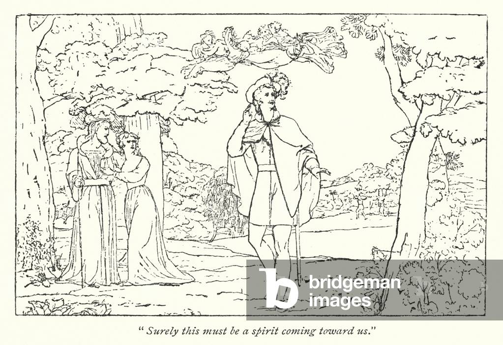 Shakespeare's The Tempest; Ferdinand led by Ariel's song (engraving)