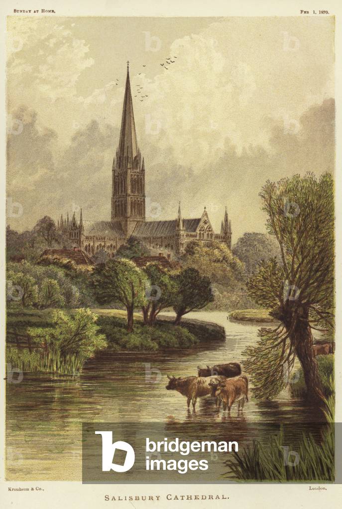 Salisbury Cathedral in Salisbury (colour litho)