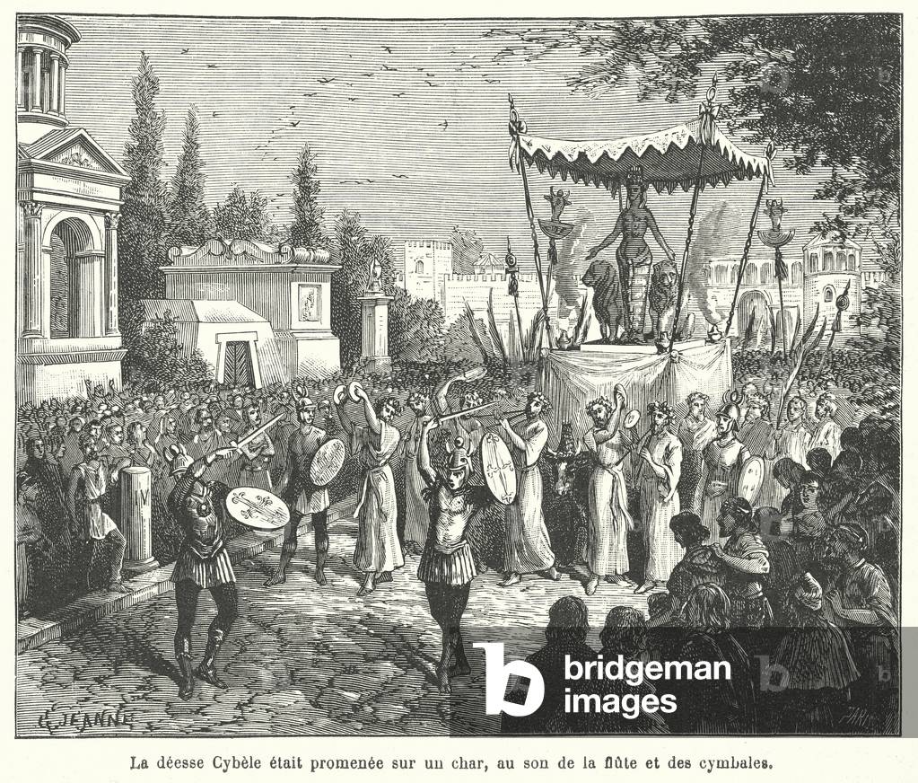 Procession of the chariot of the Roman goddess Cybele, preceded by pipers and cymbal players (engraving)