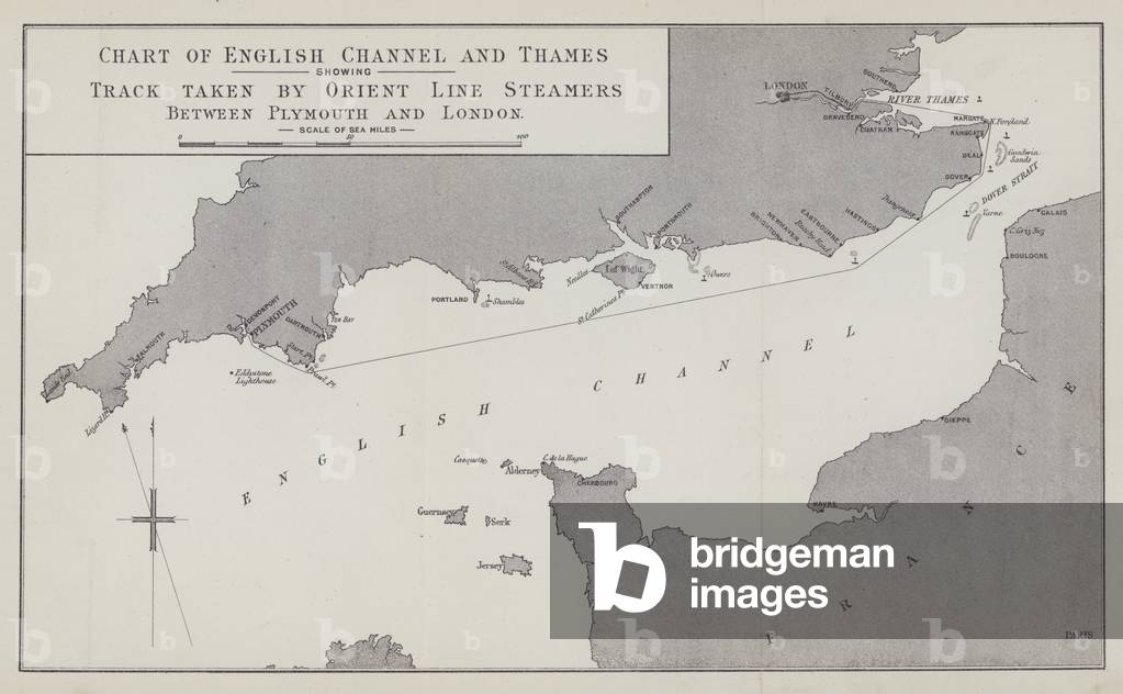 Chart of English Channel and Thames showing Track taken by Orient Line Steamers between Plymouth and London (litho)