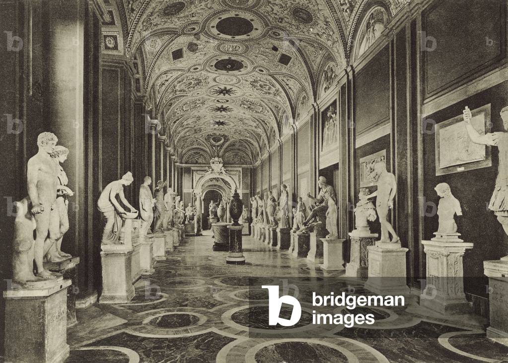 The Vatican Museum, The interior of the Statue Hall (b/w photo)
